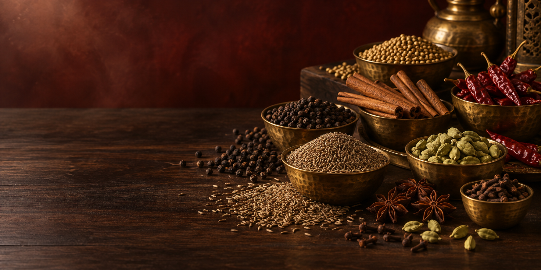 Whole spices presented in brass bowls